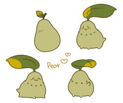  :3 animal_focus blush chikorita food fruit full_body heart multiple_views no_humans pear pokemon pokemon_(creature) satsumapotato simple_background white_background 