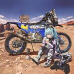  1girl aqua_eyes aqua_hair arabic_text backpack bag bangs blue_sky boots clouds commentary_request cup cup_noodle desert dirtbike eating food fork ground_vehicle hatsune_miku headwear_removed helmet helmet_removed highres holding holding_cup holding_fork instant_ramen knees_up long_hair long_sleeves motor_vehicle motorcycle noodles outdoors ramen road_sign rock shadow sign sitting sky solo takepon1123 twintails vehicle_focus very_long_hair vocaloid white_footwear white_headwear yamaha yamaha_tenere_700 
