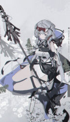  1girl absurdres arknights artist_name blue_eyes cape dress feather_hair film_grain flower gloves goggles goggles_on_head grey_hair highres holding holding_staff hood hooded_cape jqqs2002 long_hair mulberry_(arknights) short_dress solo staff thigh_strap thighs 