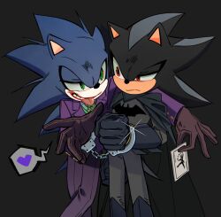  2boys animal_ears animal_nose batman batman_(cosplay) batman_(series) black_cape black_gloves brown_gloves cape card cosplay crossover cuffs dc_comics furry furry_male gloves green_eyes grey_background handcuffs heart highres holding holding_card jacket joker_(dc) joker_(dc)_(cosplay) joker_(playing_card) looking_at_another male_focus multiple_boys official_alternate_color pants playing_card purple_jacket purple_pants purple_suit red_eyes shadow_the_hedgehog simple_background smile sonic_(series) sonic_the_hedgehog spoken_heart standing suit tongue tongue_out yicuojinan 