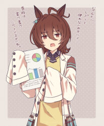  1girl agnes_tachyon_(umamusume) ahoge animal_ears annoyed black_necktie black_shirt brown_hair chemical_structure coat collared_shirt earrings holding holding_paper horse_ears horse_girl huge_ahoge jewelry lab_coat long_sleeves medium_hair necktie nnmkmwakaranai open_clothes open_coat open_mouth paper paper_stack pie_chart red_eyes shirt short_necktie single_earring sleeves_past_fingers sleeves_past_wrists solo sweater test_tube translation_request umamusume white_coat wide_sleeves wolf_cut yellow_sweater 