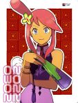  1girl bare_arms blue_eyes china_dress chinese_clothes dark-skinned_female dark_skin dress hand_fan highres looking_at_viewer official_alternate_costume pokemon pokemon_(game) pokemon_masters_ex purple_dress redhead skyla_(anniversary_2022)_(pokemon) skyla_(pokemon) sleeveless sleeveless_dress smile solo upper_body watermark yadoki 