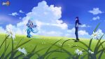  1boy 1girl armor black_footwear black_gloves black_hair black_pants black_shirt bronya_zaychik bronya_zaychik_(herrscher_of_truth) clouds day drill_hair flower glasses gloves grass grey_hair halo hand_in_own_hair high_ponytail highres honkai_(series) honkai_impact_3rd looking_at_another multicolored_hair official_art official_wallpaper on_grass pants ponytail scarf shirt standing streaked_hair welt_yang_(honkai_impact) white_flower 