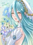 1girl azura_(fire_emblem) blue_hair breasts close-up corrin_(fire_emblem) dress elbow_gloves fingerless_gloves fire_emblem fire_emblem_fates gloves hair_between_eyes hairband jewelry long_hair open_mouth portrait small_breasts smile snow20200 solo upper_body veil very_long_hair white_dress yellow_eyes 