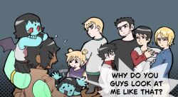  3girls 6+boys :d ? aged_down akt_xp aqua_skin beard bindi black_hair blonde_hair brothers child clone commentary_request dark-skinned_male dark_skin demon_girl demon_hipster_chicks demon_wings english_text facial_hair gideon_gordon_graves glasses happy heart ken_katayanagi kyle_katayanagi lucas_lee matthew_patel multiple_boys multiple_girls non-humanoid_robot on_shoulder open_mouth red_eyes robot robot-01 roxanne_richter scott_pilgrim_(series) scott_pilgrim_takes_off short_hair short_ponytail siblings simple_background sitting_on_shoulder smile speech_bubble todd_ingram twins wings 