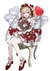  1girl :d absurdres ascot balloon blonde_hair collared_shirt daimaou_ruaeru fang flandre_scarlet hat heart_balloon highres looking_at_viewer mob_cap open_mouth puffy_short_sleeves puffy_sleeves red_eyes red_footwear red_skirt red_vest shirt short_sleeves simple_background sitting skin_fang skirt smile socks solo stuffed_animal stuffed_toy teddy_bear touhou vest white_background white_hat white_shirt white_socks wings wrist_cuffs yellow_ascot 