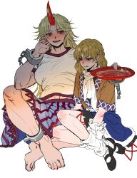  2girls absurdres barefoot blonde_hair blue_skirt breasts brown_capelet capelet green_eyes grimace height_difference highres horns hoshiguma_yuugi kuya_(hey36253625) mizuhashi_parsee multiple_girls muscular muscular_female red_eyes sharp_teeth shirt single_horn sketch skirt teeth touhou white_background white_shirt 