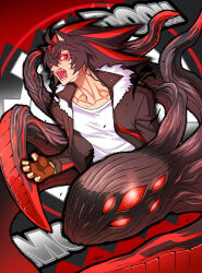  1boy animal_ears black_hair black_jacket brown_gloves character_name commentary creature doom_morph english_commentary fingerless_gloves gloves hedgehog_boy hedgehog_ears highres humanization jacket long_hair male_focus open_clothes open_jacket open_mouth red_eyes redhead shadow_the_hedgehog shirt sloth_g_ya sonic_(series) sonic_generations sonic_x_shadow_generations veins white_shirt 