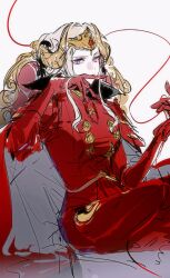  1girl absurdres breasts cape chair chinese_commentary closed_mouth collared_cape crossed_legs double_bun dress edelgard_von_hresvelg fake_horns fire_emblem fire_emblem:_three_houses from_side gloves grey_background hair_bun hair_half_over_shoulder hand_on_own_cheek hand_on_own_face hands_up headpiece highres horns long_bangs long_dress long_sleeves looking_at_viewer looking_to_the_side medium_breasts on_chair red_cape red_dress red_gloves simple_background sitting solo string string_of_fate violet_eyes white_hair yuziwen025 