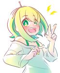  1girl :d amano_pikamee black_hairband blonde_hair blush bright_pupils city-kite colored_inner_hair commentary_request english_commentary green_eyes green_hair hairband hand_up highres lightning_bolt_symbol long_sleeves looking_at_viewer mixed-language_commentary multicolored_hair off-shoulder_shirt off_shoulder sharp_teeth shirt simple_background smile solo teeth two-tone_hair upper_body upper_teeth_only virtual_youtuber voms w white_background white_pupils white_shirt 