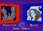  1girl blue_hair clenched_hands closed_mouth collarbone elden_ring grey_headwear hand_focus hands_up hat highres holding long_hair looking_at_viewer muscular muscular_female parody ranni_the_witch serious street_fighter street_fighter_ii_(series) two_fingers_(elden_ring) v valtor vs witch_hat 