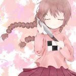  1girl bangs blush braid brown_hair closed_eyes highres holding holding_knife knife long_hair long_sleeves madotsuki pink_sweater purple_skirt skirt smile sweater twin_braids user_weve2445 yume_nikki 