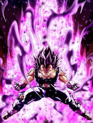  1boy aura bare_shoulders blue_bodysuit bodysuit bulge clenched_hands dragon_ball dragon_ball_super full_body gloves highres male_focus medium_hair muscular muscular_male no_eyebrows powering_up purple_hair sai_t_d solo spiky_hair torn_bodysuit torn_clothes ultra_ego_(dragon_ball) vegeta violet_eyes white_gloves 