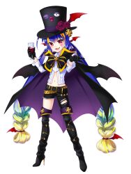  2018 ;) alcohol artist_request bat_wings belt boots bow bowtie cape child collar collared_cape collared_shirt cropped_shirt cross_hat_ornament cross_ornament cup denim drinking_glass fang flower gloves gold_trim gradient_hair halloween halloween_costume hat hat_ribbon high_heels highres jeans long_hair long_sleeves looking_at_viewer low-tied_long_hair multicolored_hair multiple_belts navel non-web_source official_art one_eye_closed open_mouth otomachi_una pants purple_ribbon red_eyes red_flower red_rose red_wine ribbon rose scallop shirt sidelocks smile solo source_request streaked_hair thigh_boots top_hat torn_clothes torn_jeans torn_pants very_long_cape very_long_hair vocaloid white_shirt wine wine_glass wings 