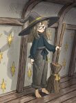  1girl absurdres barefoot black-framed_eyewear black_headwear black_shirt blush broom brown_hair full_body glasses grey_pants hat highres holding holding_broom indoors long_hair long_sleeves original pants pokoro shadow shirt solo standing witch witch_hat 