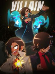  2girls 3boys aqua_skin bindi black_coat black_jacket black_necktie breasts brown_hair buttons clone closed_eyes coat commentary dark-skinned_male dark_skin demon_girl demon_hipster_chicks demon_wings emo_fashion english_commentary hair_over_one_eye highres jacket lear_0119 looking_at_viewer male_focus matthew_patel midriff multiple_boys multiple_girls multiple_persona necktie official_alternate_costume open_mouth red_eyes red_shirt scott_pilgrim_(series) scott_pilgrim_takes_off shirt short_hair sideburns skirt striped_clothes striped_shirt suit trench_coat wings 