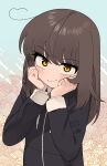  1girl ahoge bangs black_jacket blush brown_hair closed_mouth drawstring floral_background han_nuri hands_on_own_cheeks hands_on_own_face heart heart_ahoge highres jacket long_hair looking_at_viewer nakta upper_body yellow_eyes you&#039;re_under_my_skin! 