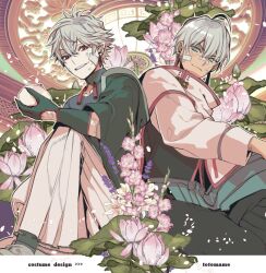  2boys alternate_costume aqua_eyes aqua_hakama architecture arm_out_of_sleeve back-to-back baozi black_pants black_shirt capelet ceiling_light closed_mouth collarbone dark-skinned_male dark_skin detached_collar earrings east_asian_architecture falling_petals feet_out_of_frame fingernails flower food gauze gauze_on_cheek gauze_on_nose gloves green_gloves green_jacket grey_hair hair_between_eyes hakama hakama_pants hakama_skirt holding holding_food hollyhock ibrahim_(nijisanji) jacket japanese_clothes jewelry knee_up kuzuha_(nijisanji) lavender_(flower) lily_(flower) long_sleeves looking_at_viewer lotus lotus_leaf male_focus mole mole_under_eye multiple_boys neck_tassel nijisanji pants pants_under_skirt parted_lips petals pointy_ears purple_flower red_eyes scratches sharp_fingernails shirt short_hair side_slit sideways_glance sitting skirt sleeve_cuffs smile tassel tassel_earrings virtual_youtuber white_capelet white_flower white_hakama white_lily white_sleeves yamashino_takabu 