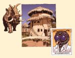  africa alanbunce animal bug building doodles english_commentary fly highres house ladder no_humans original palm_tree postage_stamp prehistoric_animal simple_background spanish_text tree tusks 