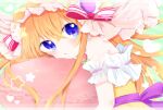  1girl bonnet dress ensemble_girls! highres hiyoseri hoshiumi_koyoi long_hair looking_at_viewer multicolored_clothes multicolored_dress off-shoulder_dress off_shoulder open_mouth orange_hair red_ribbon ribbon short_sleeves solo violet_eyes white_dress yellow_dress 