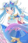  1girl armband bangs blue_bow blue_dress blue_eyes blue_hair blurry blurry_foreground bow brooch cape commentary cowboy_shot cure_sky cut_bangs dated depth_of_field dress earrings frilled_dress frills gloves gradient_hair hair_bow heart_brooch highres hirogaru_sky!_precure jewelry long_hair looking_at_viewer magical_girl multicolored_hair open_mouth pink_hair poma123poma precure short_dress simple_background sleeveless sleeveless_dress smile solo sora_harewataru standing streaked_hair twintails twitter_username two-sided_cape two-sided_fabric very_long_hair white_background white_gloves wind wing_brooch wing_hair_ornament 