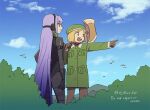  2girls :d animal asaya_minoru axe beret bird black_bodysuit black_gloves blonde_hair blue_sky bodysuit brown_eyes brown_gloves brown_pantyhose brown_shirt clouds collared_shirt day english_text fate/grand_order fate_(series) giant giantess gloves green_headwear green_jacket hat holding holding_axe jacket long_hair looking_away looking_to_the_side mountain multiple_girls outdoors outstretched_arm pantyhose paul_bunyan_(fate) pointing purple_hair shirt short_hair sky smile twitter_username very_long_hair xochitonal_(fate) 