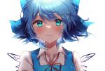  1girl 380u0 absurdres bangs blue_bow blue_eyes blue_hair blush bow cirno closed_mouth commentary_request hair_bow highres ice ice_wings looking_at_viewer short_hair simple_background solo touhou upper_body white_background wings 