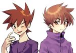  1boy ;d bangs black_eyes brown_eyes brown_hair closed_mouth commentary_request copyright_request gary_oak hand_up high_collar highres jacket male_focus multiple_views one_eye_closed open_mouth pokemon pokemon_(anime) pokemon_(classic_anime) purple_jacket purple_shirt shirt short_hair simple_background smile spiky_hair wanichi white_background zipper_pull_tab 