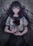  1girl bangs black_hair black_sailor_collar black_skirt blue_eyes commentary_request copyright_request cross expressionless grey_shirt highres long_hair looking_at_viewer sailor_collar shirt short_sleeves skirt solo ueno_zousui upper_body 