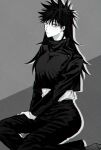  1girl black_hair breasts closed_mouth cropped_jacket fushiguro_megumi fushirun_rung genderswap genderswap_(mtf) green_eyes high-waist_pants high_collar highres jujutsu_kaisen korean_commentary large_breasts long_hair long_sleeves pants school_uniform shirt sitting solo 