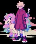  1boy absurdres bangs bede_(pokemon) blonde_hair closed_mouth coat commentary_request curly_hair galarian_ponyta gloves grey_eyes hand_up high_collar highres male_focus ok_ko19 pants pokemon pokemon_(creature) pokemon_(game) pokemon_swsh purple_coat shoes short_hair sleeves_rolled_up smile sneakers standing white_gloves white_pants 