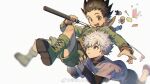  2boys aozora_sora artist_name catching child commentary english_commentary falling fishing_rod friends gon_freecss green_footwear highres hunter_x_hunter killua_zoldyck long_sleeves male_child male_focus messy_hair multiple_boys open_mouth short_hair shorts spiky_hair teeth toy upper_teeth_only yellow_eyes 