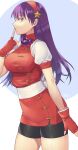  1girl asamiya_athena bike_shorts breasts closed_mouth fingerless_gloves gloves hair_ornament hairband highres long_hair looking_at_viewer murata_tefu purple_hair red_hairband skirt smile solo star_(symbol) star_hair_ornament the_king_of_fighters violet_eyes 