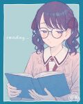  1girl black_hair book commentary_request fukumaru_koito glasses hair_ribbon highres holding holding_book idolmaster idolmaster_shiny_colors necktie paayan_(hagakinorock54) reading ribbon solo twintails upper_body violet_eyes 