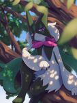  1other blurry closed_mouth commentary_request day furry highres kuchiba_(jret2454) leaf looking_down meowscarada outdoors pokemon pokemon_(creature) signature sitting solo tree violet_eyes 