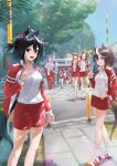  6+girls black_hair blue_eyes brown_eyes brown_hair character_request hair_ornament hand_on_hip highres jacket multiple_girls nabe_puyo open_clothes open_jacket orange_hair railroad_crossing red_jacket red_shorts shirt shorts smile sportswear track_jacket tree umamusume v white_hair white_shirt 