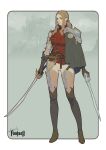 1girl absurdres armor artist_name belt boots brown_eyes brown_footwear brown_gloves cape dual_wielding earrings gloves grey_background highres holding holding_sword holding_weapon jewelry light_brown_hair long_hair ponytail red_shirt shirt solo sonech standing sword thigh_boots weapon 
