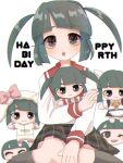  1girl black_eyes black_hair eg_bssy ensemble_girls! happy_birthday holding holding_stuffed_toy kimisaki_school_uniform long_sleeves looking_at_viewer ono_chiyo open_mouth school_uniform short_twintails sitting stuffed_toy twintails white_background 