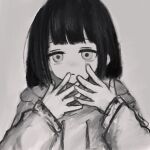  1girl bangs black_hair blunt_bangs closed_mouth commentary drawstring empty_eyes expressionless forestg0d grey_theme half-closed_eyes hands_up highres hood hood_down hoodie lag_train_(vocaloid) long_sleeves looking_at_viewer monochrome open_hands osage_(inabakumori) pale_skin portrait raised_eyebrows simple_background solo tareme upper_body 