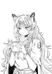  absurdres animal_ear_fluff animal_ears arknights bead_necklace beads blanchat braid cup grey_eyes grey_thighhighs greyscale highres holding holding_cup jewelry leopard_ears leopard_girl leopard_tail monochrome necklace pramanix_(arknights) side_braids tagme tail thigh-highs 