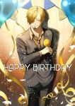  1boy absurdres balloon blonde_hair blue_eyes cigarette curly_eyebrows facial_hair flower flower_in_pocket formal from_above hair_over_one_eye hand_in_pocket hand_up happy_birthday highres holding holding_cigarette long_sleeves looking_down male_focus necktie one_piece ribbon rose sanji_(one_piece) short_hair smile solo suit yellow_flower yellow_ribbon yellow_rose yoshiyoshiwa 
