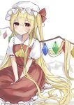  1girl absurdly_long_hair alternate_hair_length alternate_hairstyle ascot bangs blonde_hair blush breasts closed_mouth crystal eyes_visible_through_hair flandre_scarlet frilled_shirt_collar frills hair_between_eyes hands_on_lap hat highres light_smile long_hair looking_at_viewer mob_cap naarsann puffy_short_sleeves puffy_sleeves seiza short_sleeves sitting skirt small_breasts solo touhou v_arms very_long_hair white_headwear wings yellow_ascot 