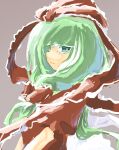 1girl bangs bright_pupils closed_mouth front_ponytail green_eyes green_hair grey_background hair_ribbon highres kagiyama_hina looking_at_viewer mountain_of_faith one-hour_drawing_challenge red_ribbon ribbon short_sleeves simple_background smile solo touhou upper_body white_pupils yamasina009