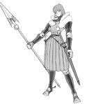  1girl absurdres armor armor_under_clothes cuisses full_body gauntlets greyscale highres holding holding_polearm holding_weapon knight long_sleeves looking_at_viewer medieval medium_hair monochrome original plate_armor pleated_skirt polearm skirt standing sword wassnonnam weapon 