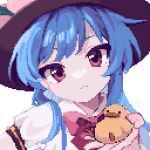  1girl ahiru_tokotoko animal bangs bird bird_on_hand black_headwear blue_hair bow bowtie closed_mouth commentary_request duck head_tilt highres hinanawi_tenshi holding holding_animal holding_bird long_hair looking_at_viewer pixel_art portrait red_bow red_bowtie red_eyes shirt short_sleeves solo touhou white_shirt 