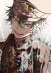  1boy bishounen black_hair coat cowboy_shot fangs gears green_eyes hat heterochromia highres looking_at_viewer male_focus original short_hair smile solo steampunk string suteppu212 yellow_eyes 