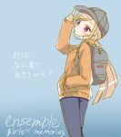  1girl backpack bag blue_bag blue_pants blush brown_hoodie closed_mouth copyright_name ehon_chioka ensemble_girls! hand_in_pocket hat hood hood_down hoodie light_blue_background looking_at_viewer pants pink_hair sakaki_mutsumi sketch solo translation_request twintails violet_eyes 