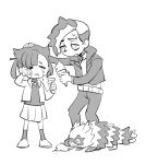  1boy 1girl aged_down brother_and_sister closed_eyes crying dede_(qwea_00000) food galarian_zigzagoon greyscale ice_cream ice_cream_cone ice_cream_cone_spill jacket licking looking_at_another marnie_(pokemon) monochrome open_mouth pendant_choker piers_(pokemon) pokemon pokemon_(creature) pokemon_(game) pokemon_swsh siblings simple_background source_request standing sweat twintails white_background 