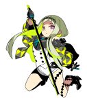  1girl bare_shoulders black_footwear black_gloves blue_necktie boots colored_inner_hair expressionless full_body fur-trimmed_jacket fur_trim gloves green_hair high_heel_boots high_heels highres himukai_yuuji holding holding_sword holding_weapon jacket kneeling long_hair looking_at_viewer multicolored_hair necktie off_shoulder official_art open_clothes open_jacket pink_eyes ringo_(soul_hackers_2) second-party_source sekaiju_no_meikyuu sekaiju_no_meikyuu_hd shirt shorts sleeveless sleeveless_shirt solo soul_hackers soul_hackers_2 sword weapon 