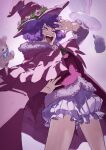  1girl black_clover cape dorothy_unsworth flower fur_trim hand_on_hip hat hat_flower highres multicolored_eyes one_eye_closed open_mouth purple_cape purple_hair short_hair shorts smile solo tdgypm witch_hat 